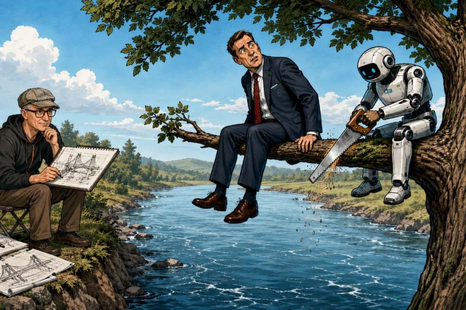 Comic-style illustration of an AI robot sawing a tree branch while a hiring manager sits on the same branch above a river, with a bridge-builder sketching plans on the opposite bank.